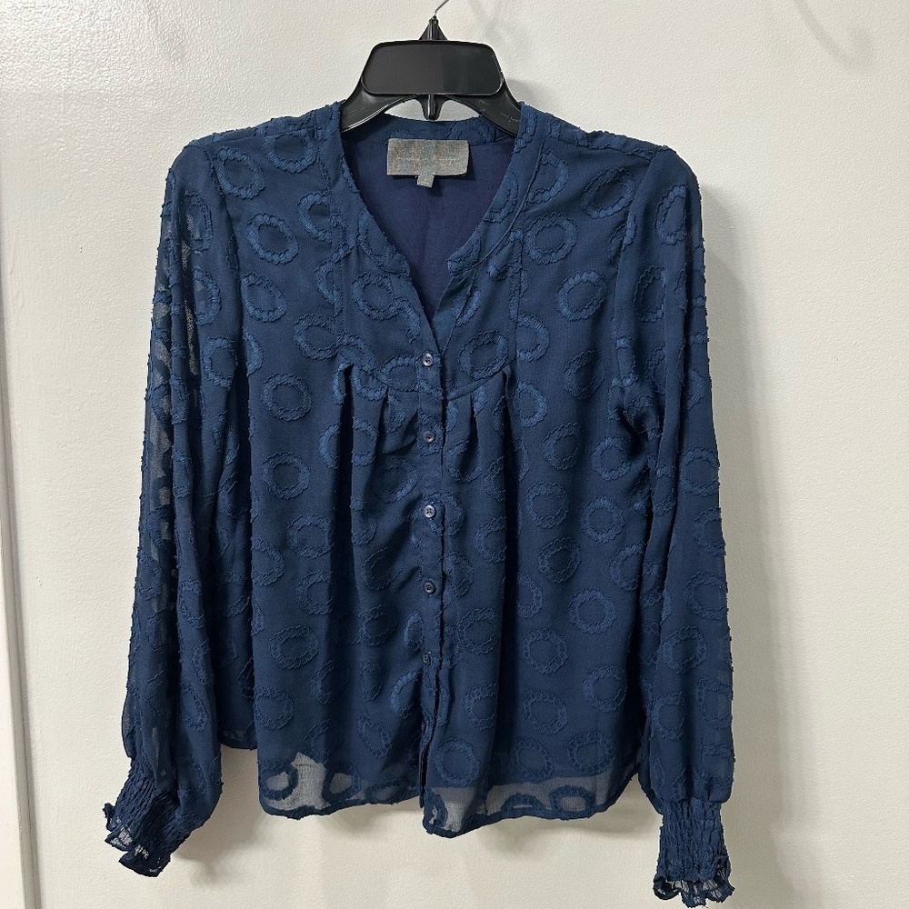 Anthropologie Sunday in Brooklyn Navy Long-Sleeve Button-Up Blouse | Sz Small